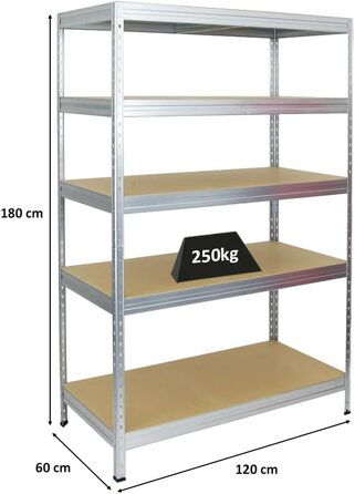 Посилений стелаж (ВxШxГ) 180x120x60 см, Вантажопідйомність полиць 250 кг, Інноваційна вставна система, Оцинкований, Гаражний стелаж, Складський стелаж, Вставний стелаж, Сталь, Підвальний стелаж 180x120x60 см, Оцинкований