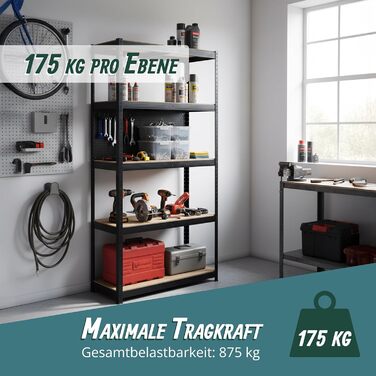 Міцний стелаж Relaxdays, ВxШxГ 180 x 60 x 30 см, 875 кг, 5 полиць, полиця для зберігання в підвалі, вставного типу, чорний/коричневий