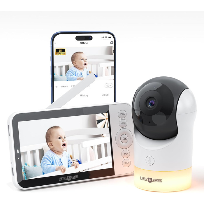 Радіоняня з камерою та додатком, 2K HD 5-дюймовий WiFi-монітор, відстеження PTZ 355 AI, нічник RBG, колискові, виявлення плачу/рух