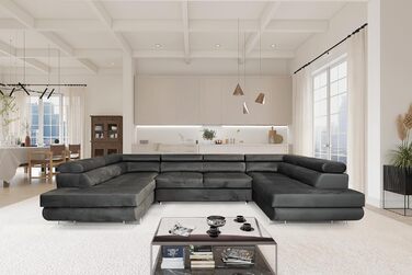 Кутовий диван зі сном Великий PASTI U-подібної форми, диван-ліжко з відділенням для зберігання речей, 3-місний кутовий диван, диван-ліжко для вітальні, великий диван-ліжко з функцією сну (темно-сірий)