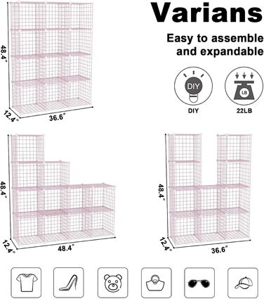 Дротяний кубічний органайзер для зберігання, 12 - металевий кубічний органайзер, C-подібна сітка, модульні полиці, органайзер для шафи, ідеально підходить для дому, офісу, вітальні, 91 см Д x 32 см Ш x 122 см В, рожевий UWCS3012P
