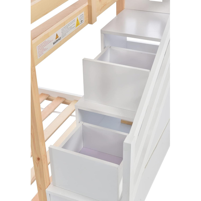 Дитяче двоярусне ліжко LATICO з шухлядою та поручнями, соснове ліжко-будиночок для дітей з драбиною, 2 рейкові основи, натуральний та білий - 244,5 x 96 x 193 см (Ш/В/Г), матрац не входить до комплекту, натуральний колір з шафками