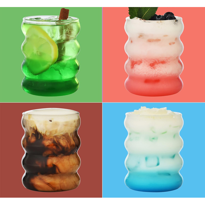 Ребристі склянки для пиття зі скляними соломинками Набір з 4 шт. , склянки для кави з льодом 350 мл, склянки Wave Glasses Tumbler,