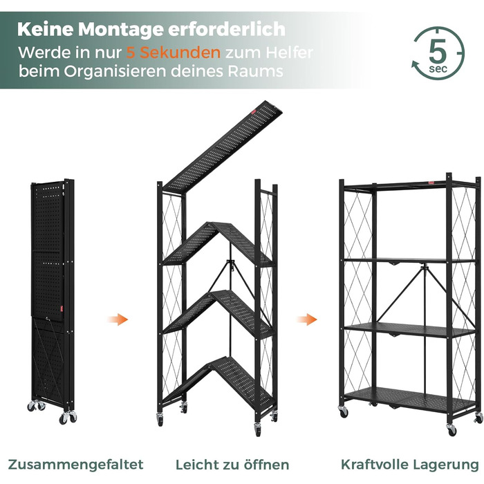 Складана полиця DEANIC, книжкова шафа на 4 полиці, кухонні полиці на колесах, металева полиця для вітальні, комора (61 x 116 x 28 см, чорна) чорна, 4 яруси