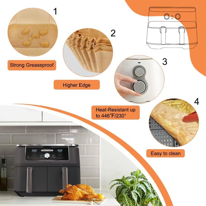 Папір для випічки аерофритюрниці, 150 шт. Папір для випічки у фритюрниці для AF300EU.AF400EU, аксесуари для фритюрниці Папір для фритюрниці для двозонної фритюрниці 20 см x 13,5 см x 4,5 см