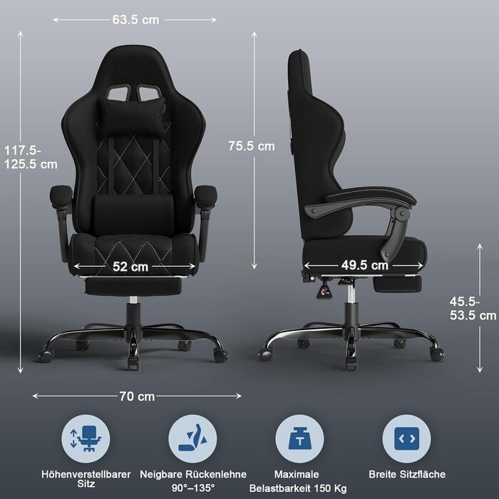 Ігрове крісло Devoko, ергономічна тканина з функцією масажу та підставкою для ніг, пружинна амортизація Pocket Spring, регулювання на 135, повітропроникне для домашнього офісу або ігрової кімнати, чорний колір