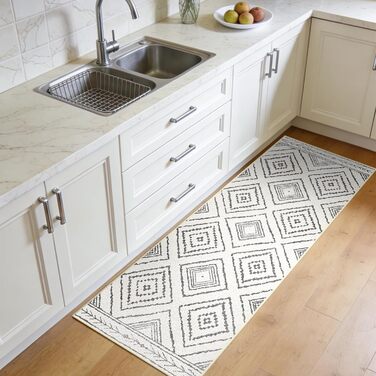 Килимова доріжка для коридору, 60 x 300 см, нековзка кухонна доріжка, килимова доріжка з коротким ворсом, яку можна прати, складається, дизайн бохо для коридору, кухні, вітальні та офісу, чорно-білий, 60 x 300 см