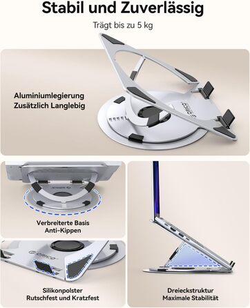Основа для ноутбука ORICO NS1 срібляста регульована висота, алюмінієвий корпус, охолодження та поворотна база 360, ергономічний складаний стенд для ноутбуків 10-17 дюймів
