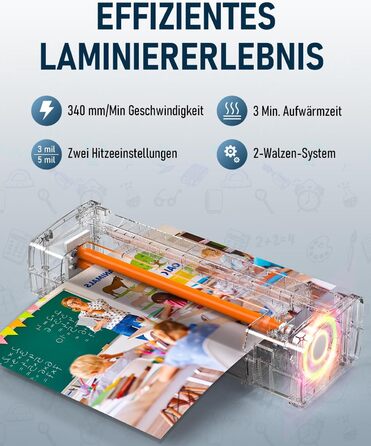 Ламінатор A4, гарячий та холодний ламінатор з 20 ламінуючими пакетами для паперів A4, A5 та A6, ламінатор 12-в-1 з різаком для паперу та закруглювачем кутів, ламінуючий пакет для школи, дому та офісу, білий
