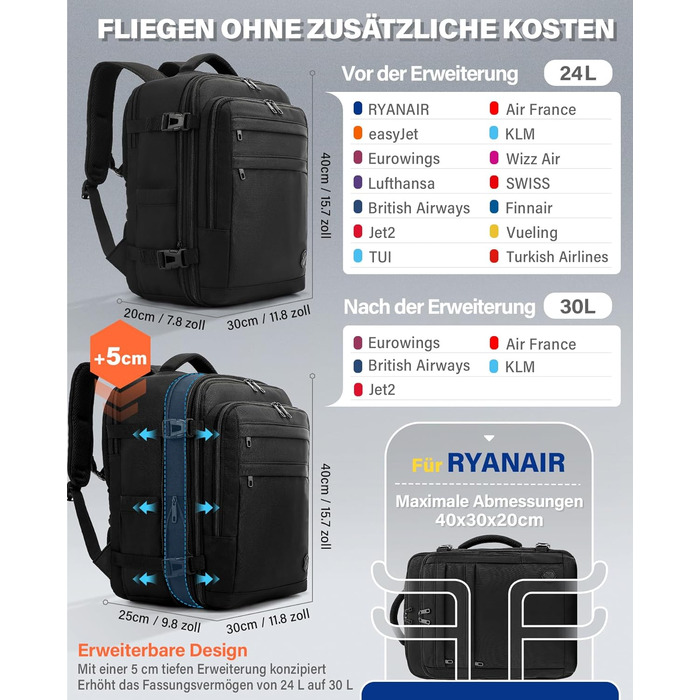 Розширюваний ручний багаж для літаків Eurowings, Ryanair, EasyJet, Wizz Air 40x30x20-40x30x25 см (24-30 л), рюкзак під сидіння з відділенням для ноутбука 15,6, чорний