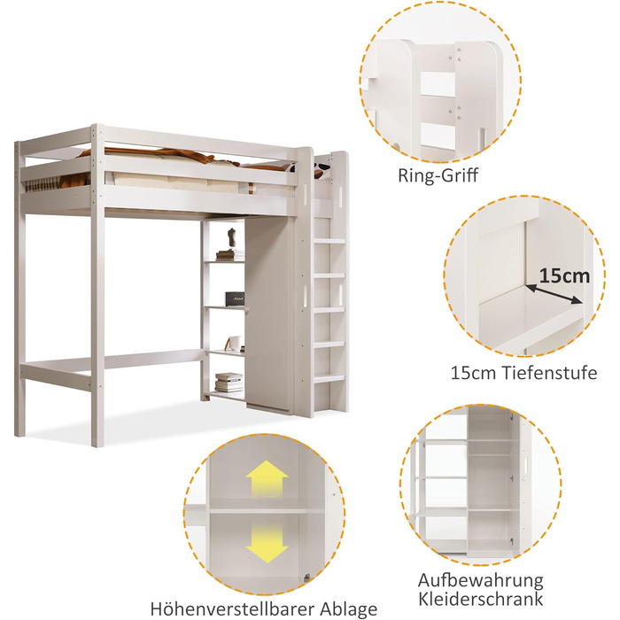 Дитяче ліжко-горище односпальне ліжко 90x200 для дітей, дерев'яне ліжко-будиночок з шафою та 4 полицями для зберігання, каркас ліж