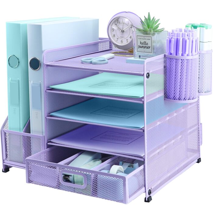 Органайзер для столу, тримач для файлів з 2 тримачами для ручок, 5 рівнів, лоток для паперів та листів з шухлядою, сітчастий настільний органайзер з тримачем для журналів та канцелярського приладдя, фіолетовий/фіолетовий, 5 рівнів