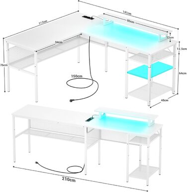 Г-подібний ігровий стіл, 14117x76 см, комп&39ютерний стіл з відділенням для зберігання речей, офісний стіл з двостороннім кутовим столом для навчання, ігровий, домашній офіс, білий