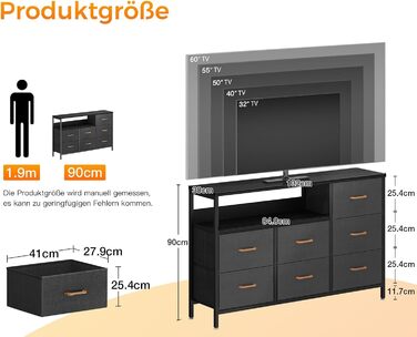 Комод Coleshome зі світлодіодною стрічкою, що змінює колір, та 2 розетками USB і 2 розетками змінного струму, комод із 7 тканинними шухлядами, підходить для спальні, вітальні, 132 * 30 * 89 см, чорний