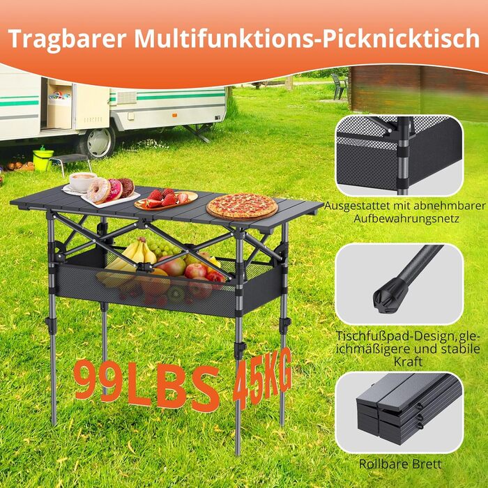 Складаний кемпінговий стіл FUNYKICH 82 x 40 см, Складаний стіл з 2 регулюваннями висоти (44/70 см), Легке складання, Портативний складаний стіл із сітчастою сумкою, Алюмінієва згортальна стільниця для барбекю, кемпінгу, вечірки, саду, 82 x 40 x 44/70 см