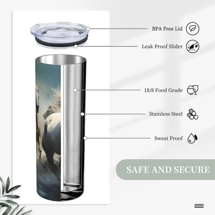 Кухоль з прямою трубочкою, дизайн коні, що біжать по річці, друкований, підходить для кемпінгу, офісу та дому, 590 мл