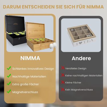 Чайні коробки NIMMA Дерев&39яна чайна коробка з магнітною застібкою Підходить для Pickwick, Lipton та інших Чорний колір Дуже великі відділення для чайних пакетиків та розсипного чаю (12 відділень)