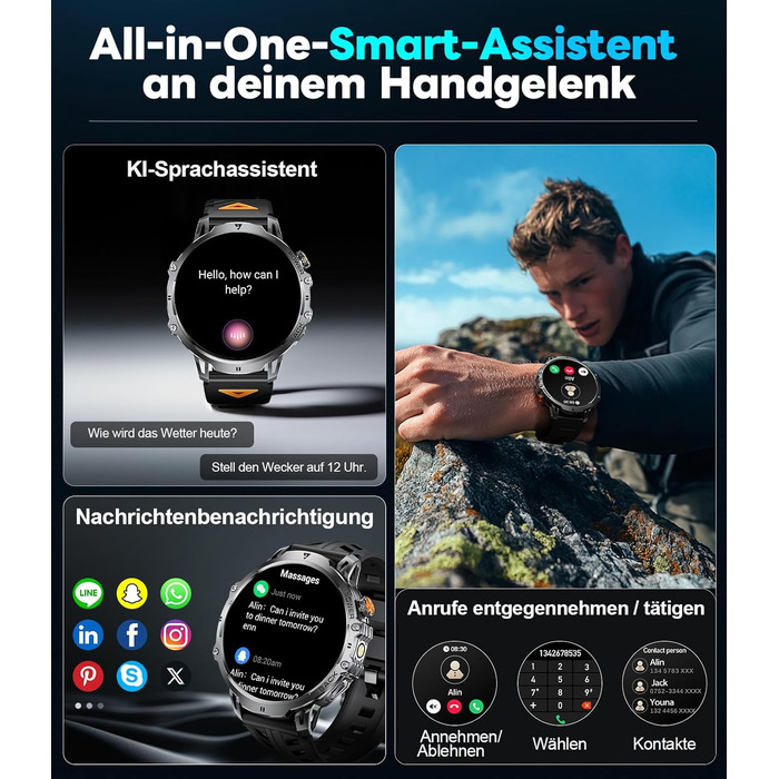 Розумний годинник LIGE Military для чоловіків (3 ремінці) - 1000 мАг/1,85 дюйма HD великий сенсорний екран/світлодіодна підсвітка, фітнес-годинник з понад 110 спортивними режимами, відстеження серцевого ритму/сну, спортивний годинник для iOS/Android, наси