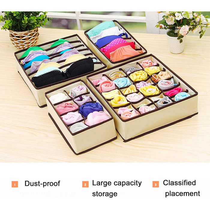 Коробка для зберігання білизни, органайзер, складана, неткане полотно, шухляда, органайзер для шафи для шкарпеток, бюстгальтерів, краваток, рушників, бежевий, комплект з 4 предметів