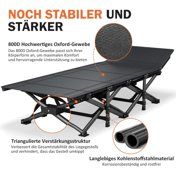 Розкладне кемпінгове ліжко, розкладне гостьове ліжко до 200 кг, з бічною кишенею, портативний кемпінговий шезлонг, для використання на природі, в саду, для подорожей, кемпінгу та в приміщенні (сіре)