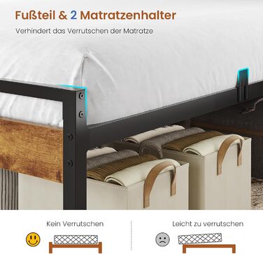 Ліжко 140x200 з металевою рейковою основою, двоспальне ліжко зі світлодіодним підсвічуванням та розеткою, каркас ліжка 140x200 см з дерев&39яним узголів&39ям, 2 шафи з дверима, дитяче ліжко з місцем для зберігання речей, коричневий колір, 140x200 см