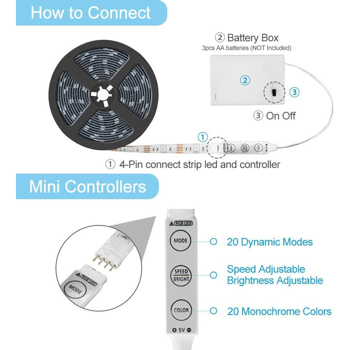 Світлодіодна стрічка Sunboia з живленням від батареї, світлодіодні стрічки 4M(2x2M) 120 світлодіодних RGB-стрічок Струнні ліхтарі Світлодіодні стрічки SMD5050 водонепроникні IP65 для домашньої кухні, телевізійної вечірки, Різдва 2*6,56ft Rgb