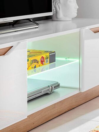 Настінна шафа для вітальні Generic Fame, настінна полиця для вітальні, стіна для телевізора, матова глянцева вітрина, низька тумба, настінна полиця зі світлодіодним підсвічуванням (білий/дуб Artisan) Білий / дуб Artisan