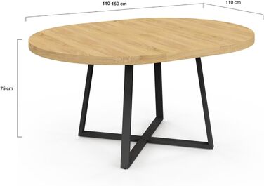 Розкладний круглий обідній стіл Selma, 4-8 осіб, дерево та чорний колір, 110-150 см