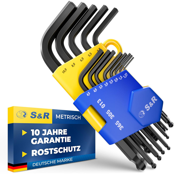 Набір шестигранних ключів S&R HX 13 предметів, L-подібний ключ із кульковою головкою, метрика від 1,27 до 10 мм, загартована сталь Cr-V, стійка до іржі, коротка, тримач шестигранного ключа, компактний велосипедний набір інструментів