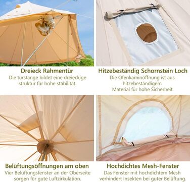 Намет TOMOUNT Bell 3 м 4 м Глемпінговий намет для 3-6 осіб Бавовняний сімейний намет Кемпінговий намет Намет-тіпі Пірамідальний намет для груп, сімей, кемпінгу на свіжому повітрі, вечірок 4 м