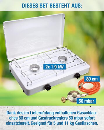 Двоконфорочна газова плита CFH Capri ZK 421 кемпінгова газова плита з регулятором тиску газу 50 мбар та газовим шлангом 80 см, потужність 3,8 кВт, витрата 277 г/год, знімна кришка та хромована решітка, зроблено в Європі