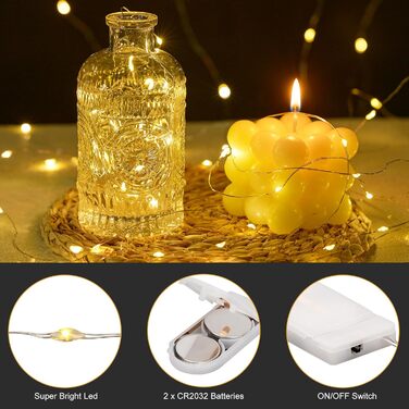 Світлодіодна батарея казкових вогнів, 20 шт. 1M 10 світлодіодів теплі білі внутрішні казкові вогні з акумулятором для спальні, веч