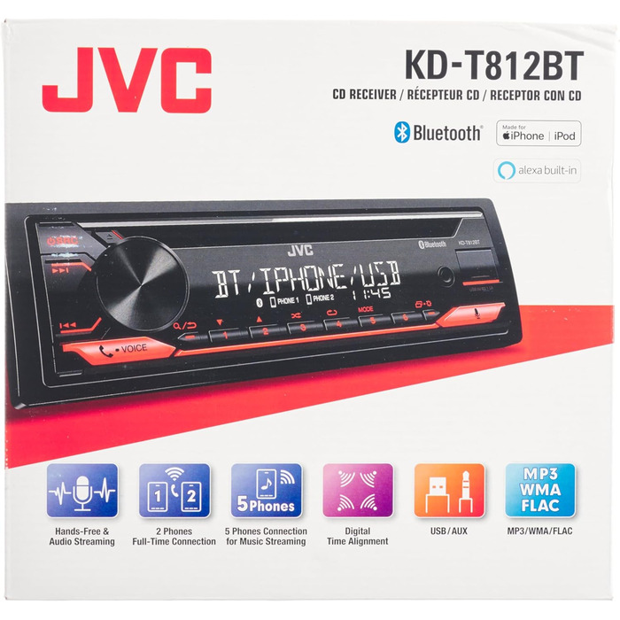 Ресивер JVC KD-T812BT із системою гучного зв'язку BT (вбудований Alexa, високопродуктивний тюнер, звуковий процесор, USB, AUX, Spotify Control, 4 x 50 Вт, підсвічування червоної клавіші) Одномісний