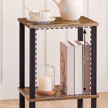 Журнальний столик, маленький столик, вузький журнальний столик, тумбочка з 2 полицями, індустріальний стиль, каркас з дерев&39яного композиту, для вітальні, спальні, офісу, вінтажний коричневий та чорний AETHR7901N1