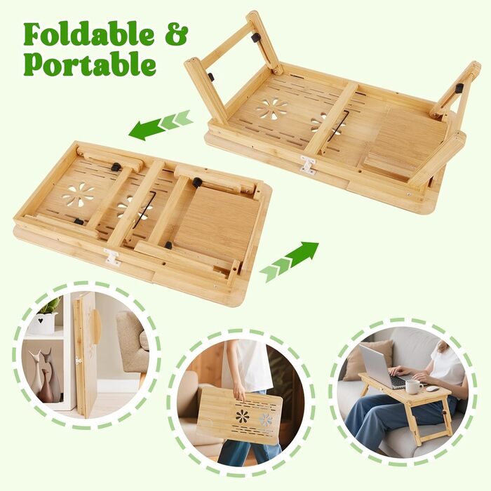 Регульований бамбуковий стіл для ноутбука, складний, для ліжка, дивана та підлоги. Портативний стіл на коліна з нахиленою поверхнею та шухлядою для письма, читання, сніданку, малювання, сучасний дизайн.
