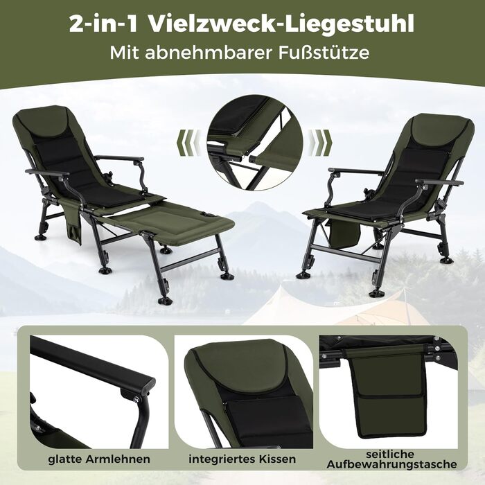 Рибальське крісло COSTWAY зі знімною підставкою для ніг, кемпінгове крісло з регульованою спинкою та м&39якою високою спинкою, регульоване по висоті коропове крісло, складне рибальське крісло для кемпінгу, риболовля в наметі