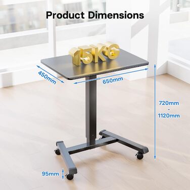 Стіл для роботи стоячи 6545 см, регульований по висоті стіл/мобільний стіл для роботи стоячи з 4 колесами, стіл для роботи сидячи та стоячи з колесами, стіл над ліжком для вітальні, макс. 15 кг, чорний