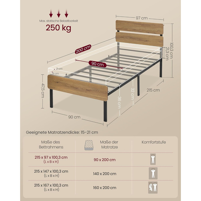 Каркас односпального ліжка VASAGLE, Ліжко, 90 x 200 см, Металевий каркас, Світлодіодне освітлення, Порти USB-A та USB-C, Місце для зберігання під ліжком, Індустріальний стиль, Легке складання, Натуральний коричневий RMB102K01