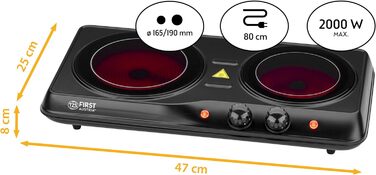 Перша в Австрії інфрачервона керамічна плита подвійна ВСІ види горщиків Подвійна конфорка 19см / 16,5см Варильна поверхня для переїзду, кемпінгу, дачного будинку - швидкий нагрів і плавне регулювання подвійний чорний