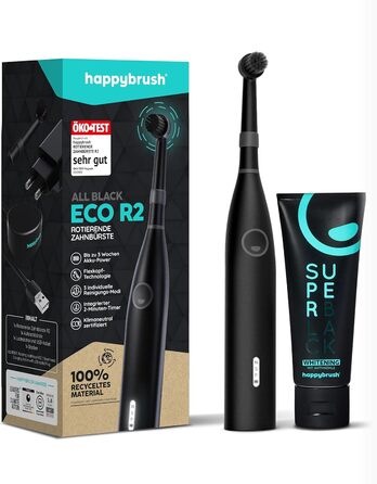 Електрична зубна щітка happybrush Eco R2 - Екологічна обертова зубна щітка з акумулятором, що включає 3 щітки та зубну пасту - AllBlack Allblack із зубною пастою