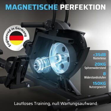 Складаний гребний тренажер SportPlus для домашнього використання - Розроблено в Німеччині - Для початківців та досвідчених користувачів - Гребний тренажер з магнітним опором, надзвичайно тихий, складний та компактний, до 150 кг, чорний/сірий - Сумісний із