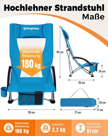 Низький складний пляжний стілець KingCamp, легкий, витримує до 180 кг, складний пляжний стілець із сітчастою спинкою, тримачем для напоїв та сітчастою кишенею, легкий складний кемпінговий стілець, складний стілець для пляжного кемпінгу Hr 2 шт., синє сітч