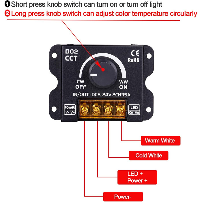 В 12 В 24 В 30 А RF світлодіодна стрічка Диммер ШІМ-контролер затемнення Бездротове керування або за допомогою кнопки для регулювання яскравості Підходить для світлодіодних стрічок (керування CCT), 5