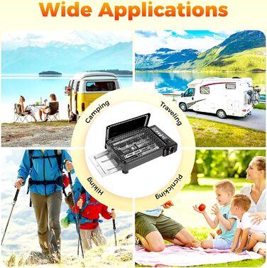 Портативна газова плита-гриль 2-в-1, портативна газова плита на бутані з набором аксесуарів для гриля, газова плита-гриль для кемпінгу, використання на вулиці та в приміщенні, чорна