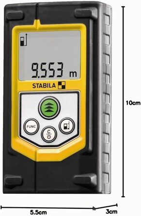 Лазерний далекомір STABILA LD 320, дальність вимірювання до 60 м, 8 функцій вимірювання (площа, об'єм, теорема Піфагора, MIN/MAX), IP 40, сумка, ремінець на руку, батарейки в комплекті (2 x AAA)