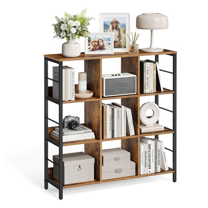 Рівнева полиця, книжкова шафа, окремостояча полиця з 9 відділеннями, для вітальні, спальні, кабінету, кухні, 30 x 100 x 103,1 см, вінтажний коричневий-чорнильний чорний LLS112B01 30Г x 100Ш x 103,1В см Вінтажний коричневий чорнильний чорний, 3-