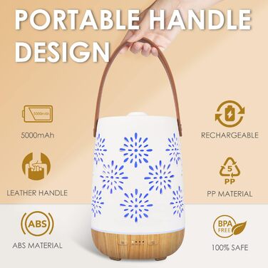 Керамічний аромадифузор SALUBRITO для ефірних олій, бездротовий акумуляторний ароматерапевтичний дифузор з батареєю, портативний дифузор, ароматична лампа з автоматичним вимкненням для відпочинку на природі, кемпінгу, дому, йоги