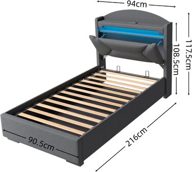 М&39яке односпальне ліжко 90x200 см зі світлодіодним освітленням, портом USB-C, гідравлічним ліжком, дитяче ліжко з місцем для зберігання та узголів&39ям, каркас ліжка з металевим каркасом, коробкою для зберігання та рейковою основою, лляне, сіре, без мат