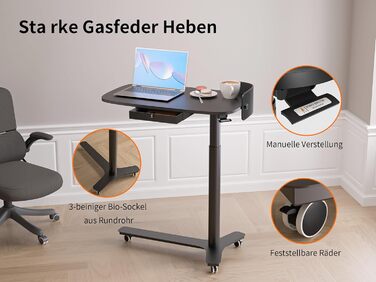 С-подібний журнальний столик, регульований по висоті з колесами, мобільний стіл з шухлядами, невеликий столик для ноутбука з регульованою висотою, пневматичний стоячий стіл для дивана, ліжко, вітальня, чорний, 75 x 45 см