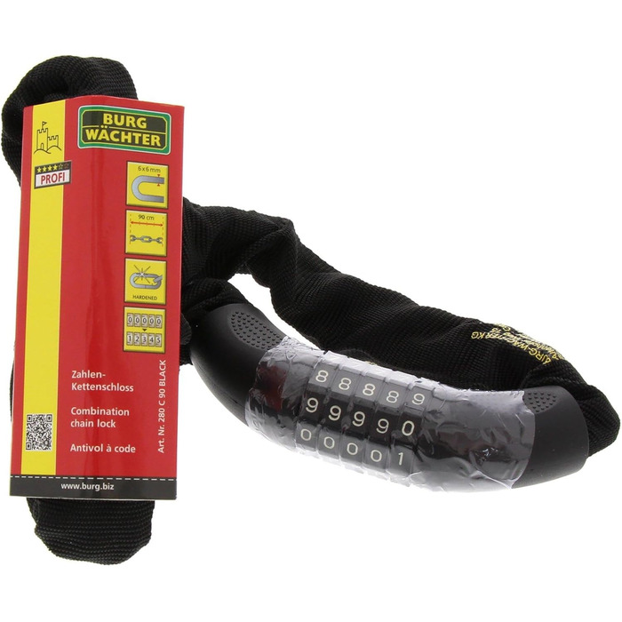 Замок ланцюговий Burg Wchter Vierkantkette, кодовий замок для велосипеда, мотоцикла, електросамоката та садових меблів, 90 см, чорний (280 C 90)